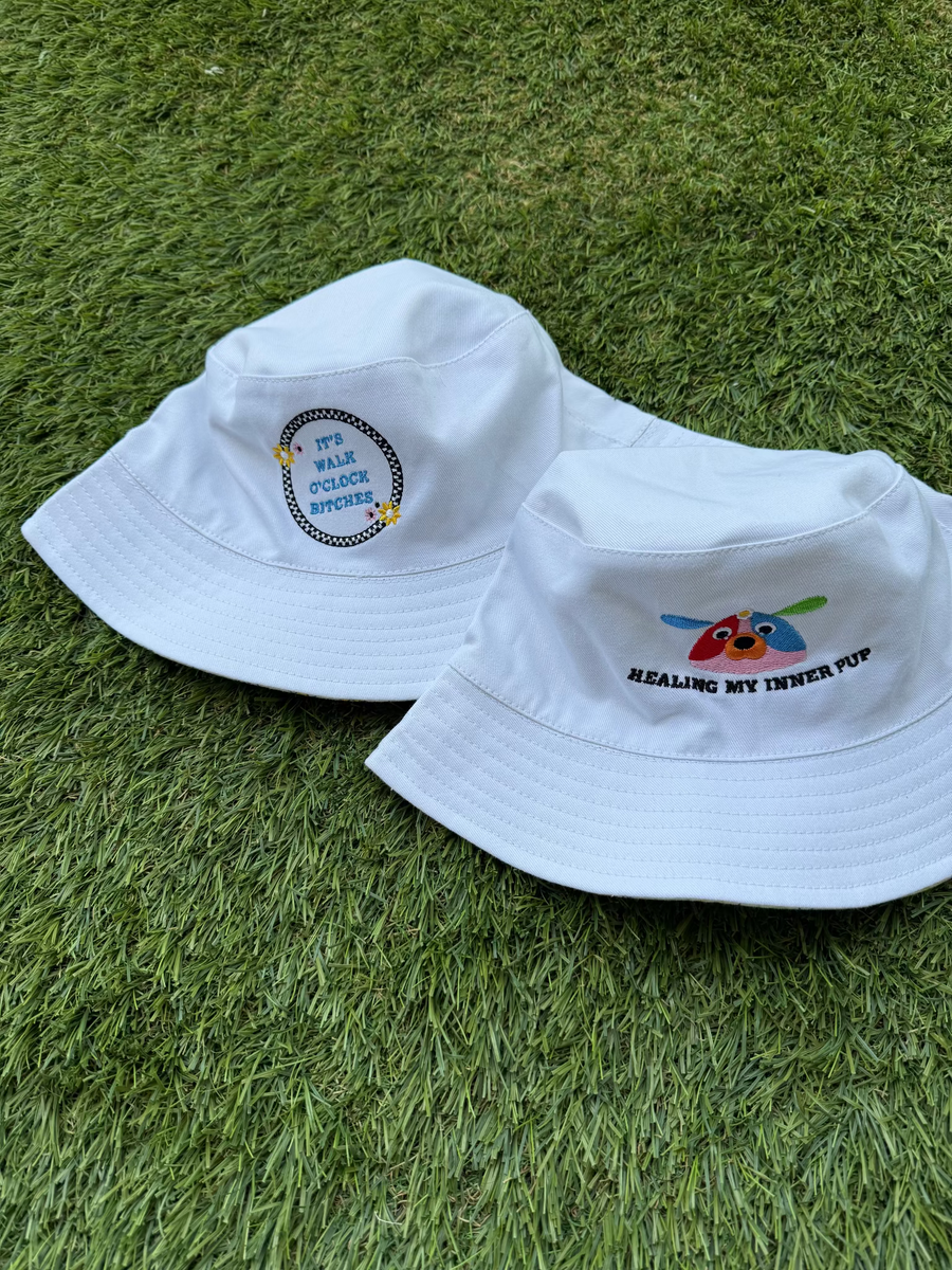 Time to walk your dog. Perfect bucket hat to shade sunny days when you go for walks with your dog. Based in UAE. Reversible double sided hat.