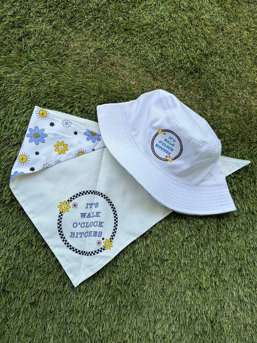 Dog walking matching bandana and bucket hat for human and dog merch. Match your pup! Go for a walk!