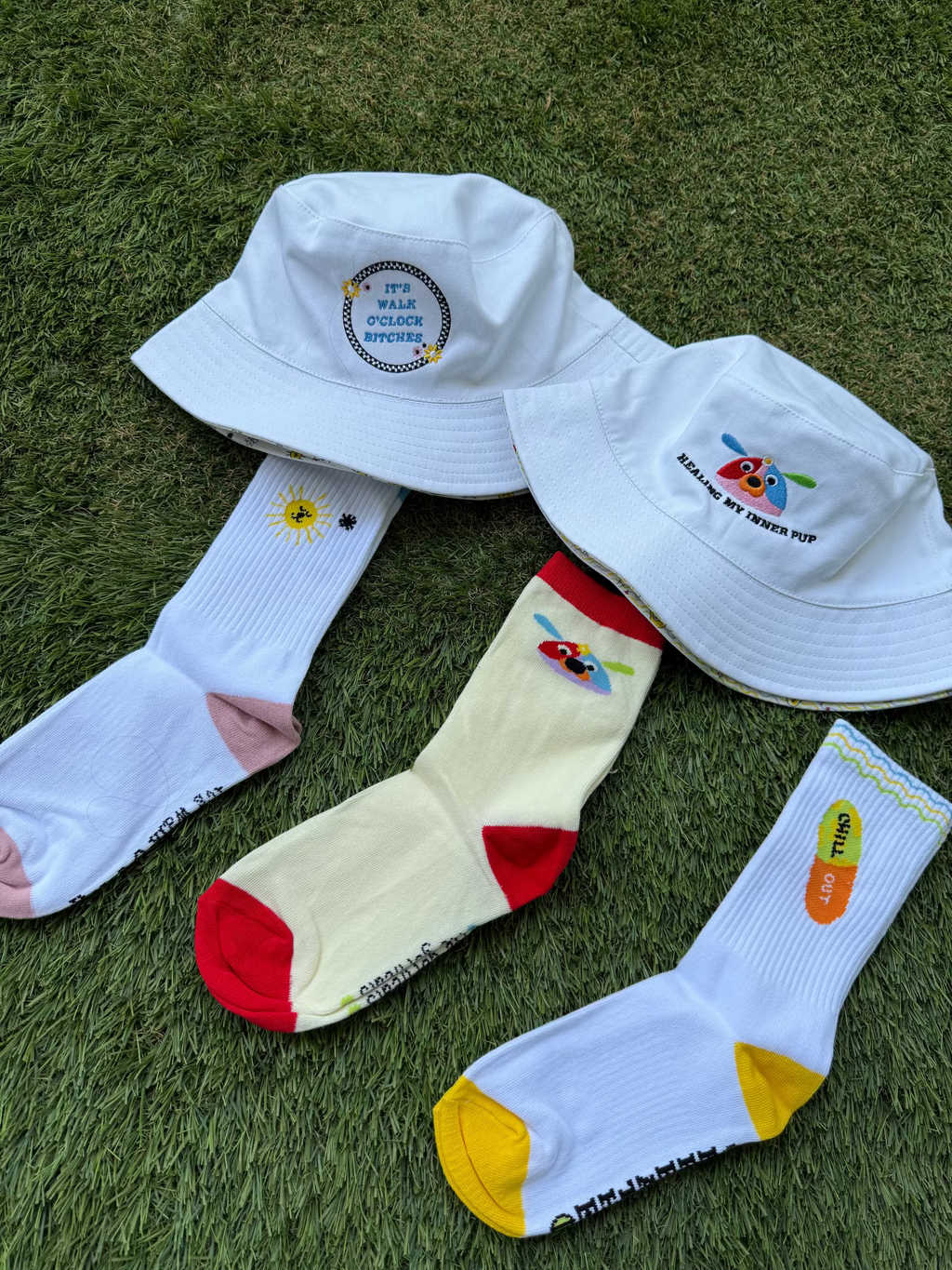 Dog walking matching bandana hat and socks for human and dog merch. Reversible bucket hat. Reversible bandanas! 2 in 1! Set of 3 socks for dog moms and dog parents. Match your pup! Go for a walk! Based in UAE