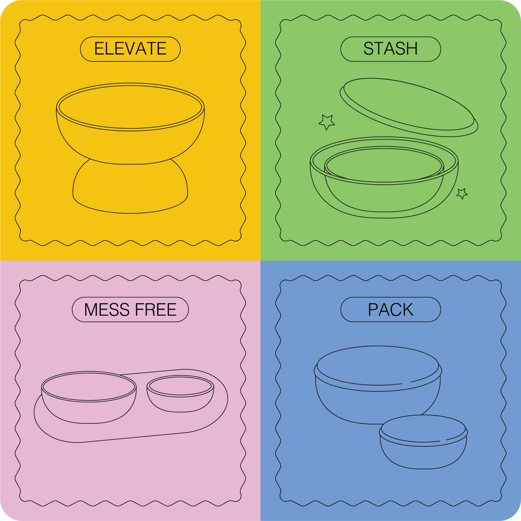 Elevate, stash, pack your 2 in 1 dog bowls made from food grade silicone for mess free dog dining.