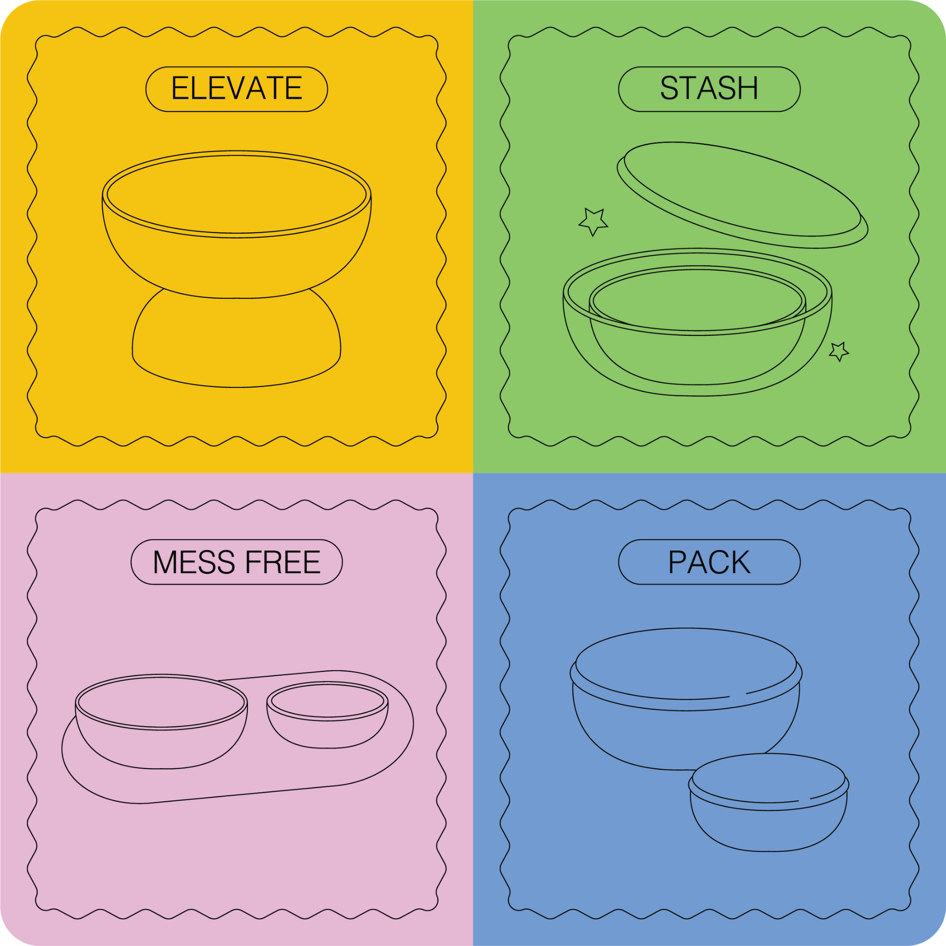 Elevate, stash, pack your 2 in 1 dog bowls made from food grade silicone for mess free dog dining.