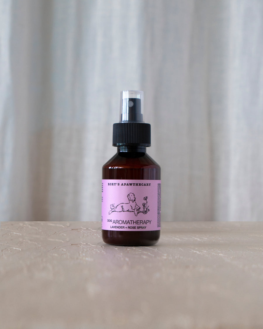 Natural dog aromatherapy spray with lavender, rose, and vitamin E in a recyclable bottle – non-toxic calming mist for dogs’ skin and coat