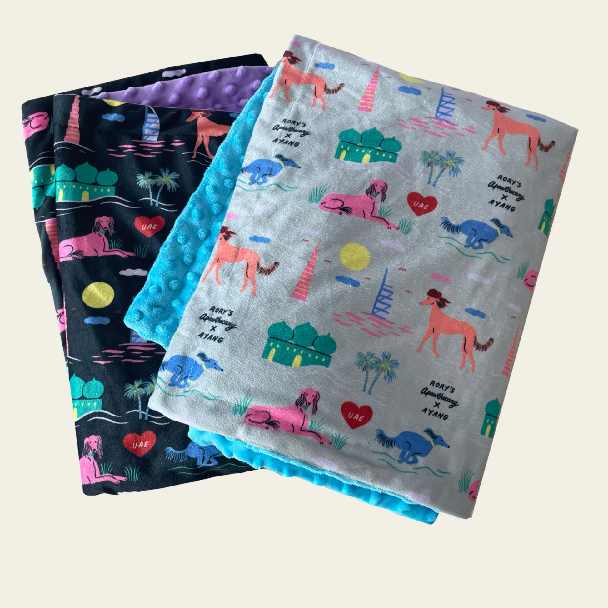 Lightweight, ultra-soft dog blanket from Rory’s Apawthecary, perfect for warmth and comfort year-round. UAE themed. Ayang Cempaka illustrator. Dubai and Abu Dhabi attractions. Perfect gift from the UAE for any dog parent.