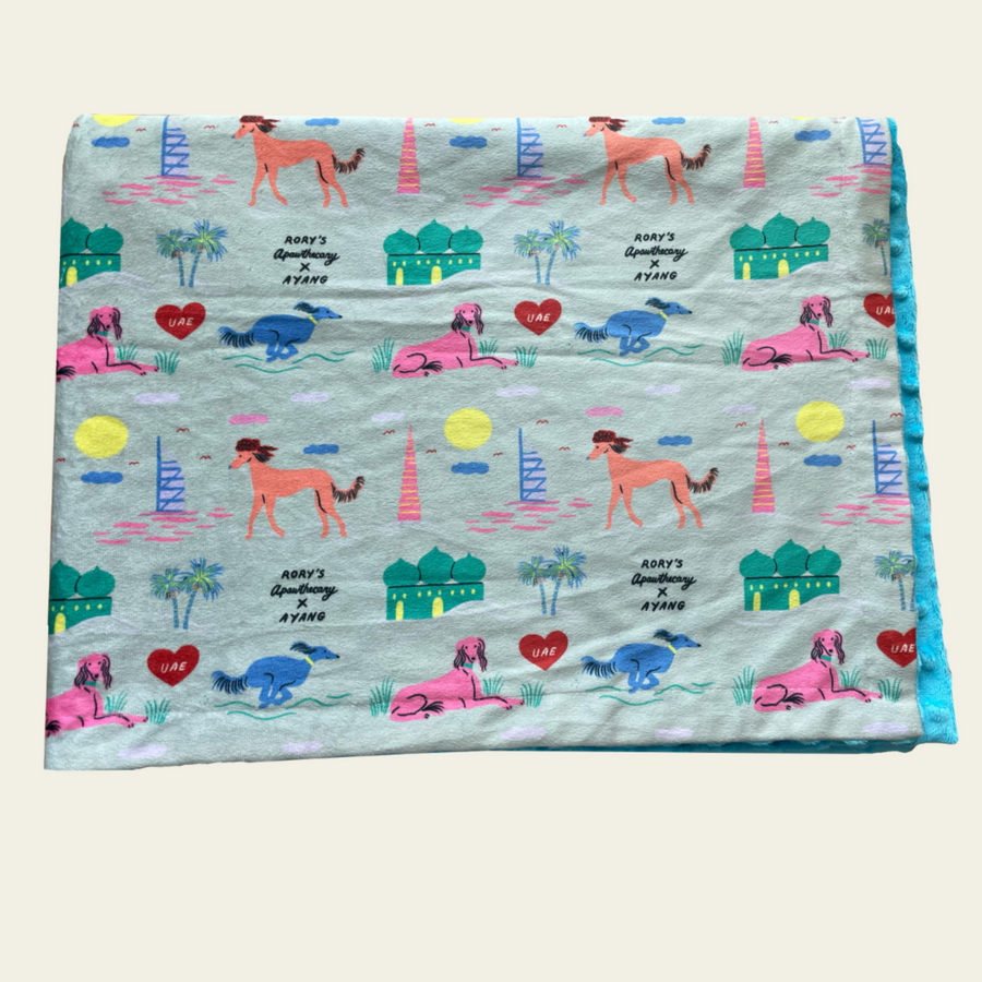 Lightweight, ultra-soft dog blanket from Rory’s Apawthecary, perfect for warmth and comfort year-round. UAE themed. Ayang Cempaka illustrator. Dubai and Abu Dhabi attractions. Perfect gift from the UAE for any dog parent.