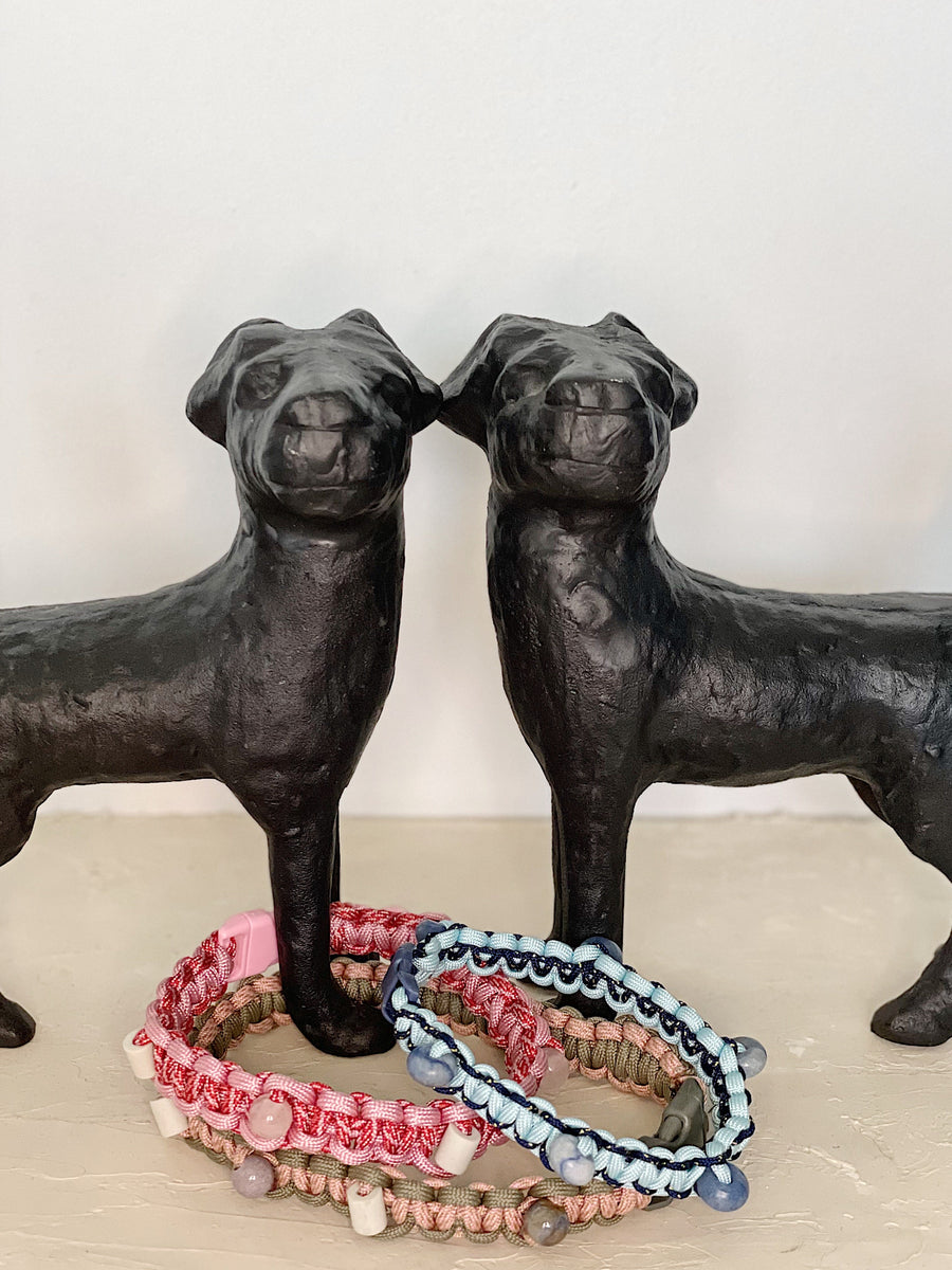 Custom handmade healing dog collar with crystals and EM ceramic beads — natural support for anxiety, allergies, immunity, and flea prevention.