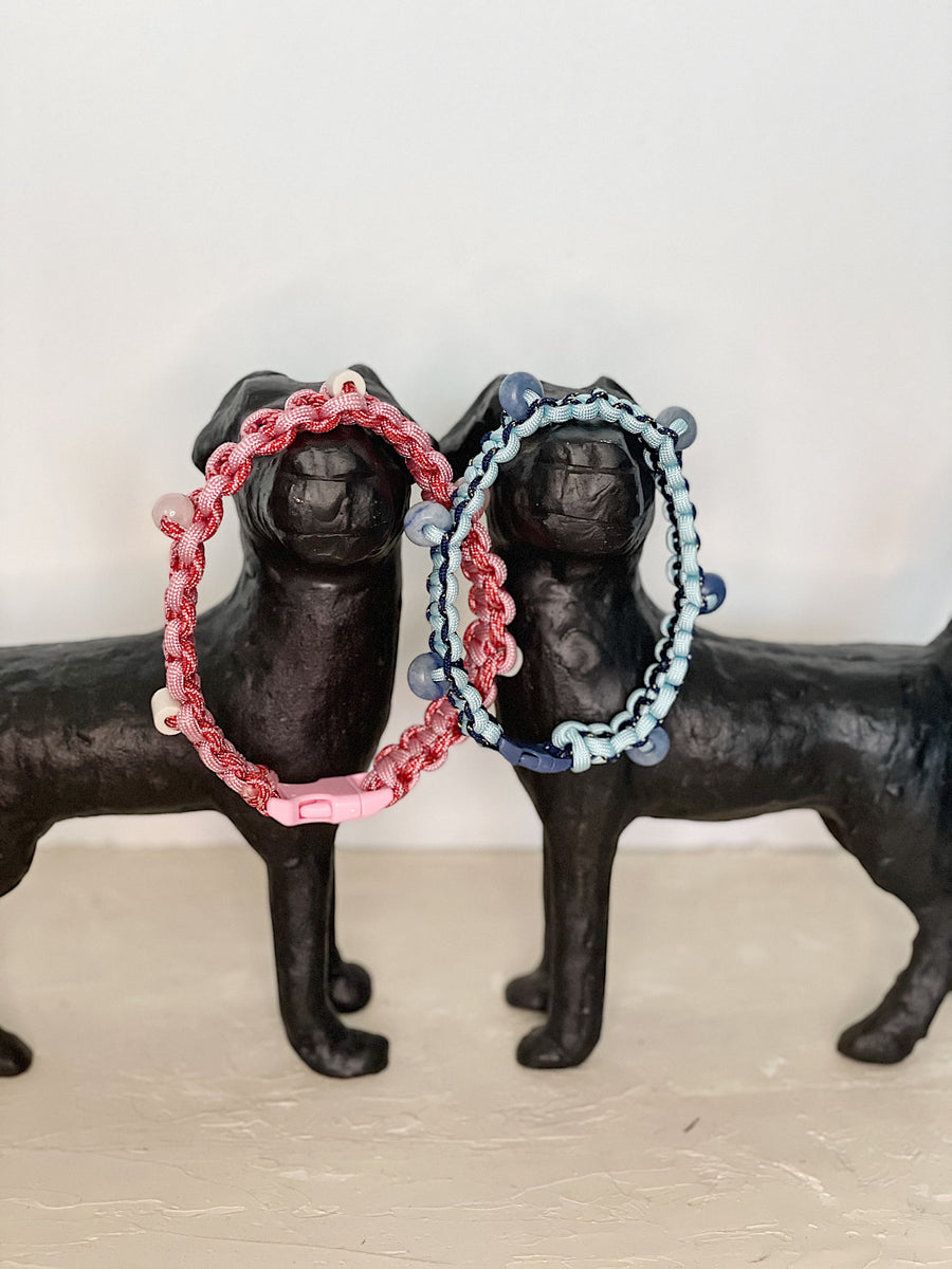 Custom handmade healing dog collar with crystals and EM ceramic beads — natural support for anxiety, allergies, immunity, and flea prevention.