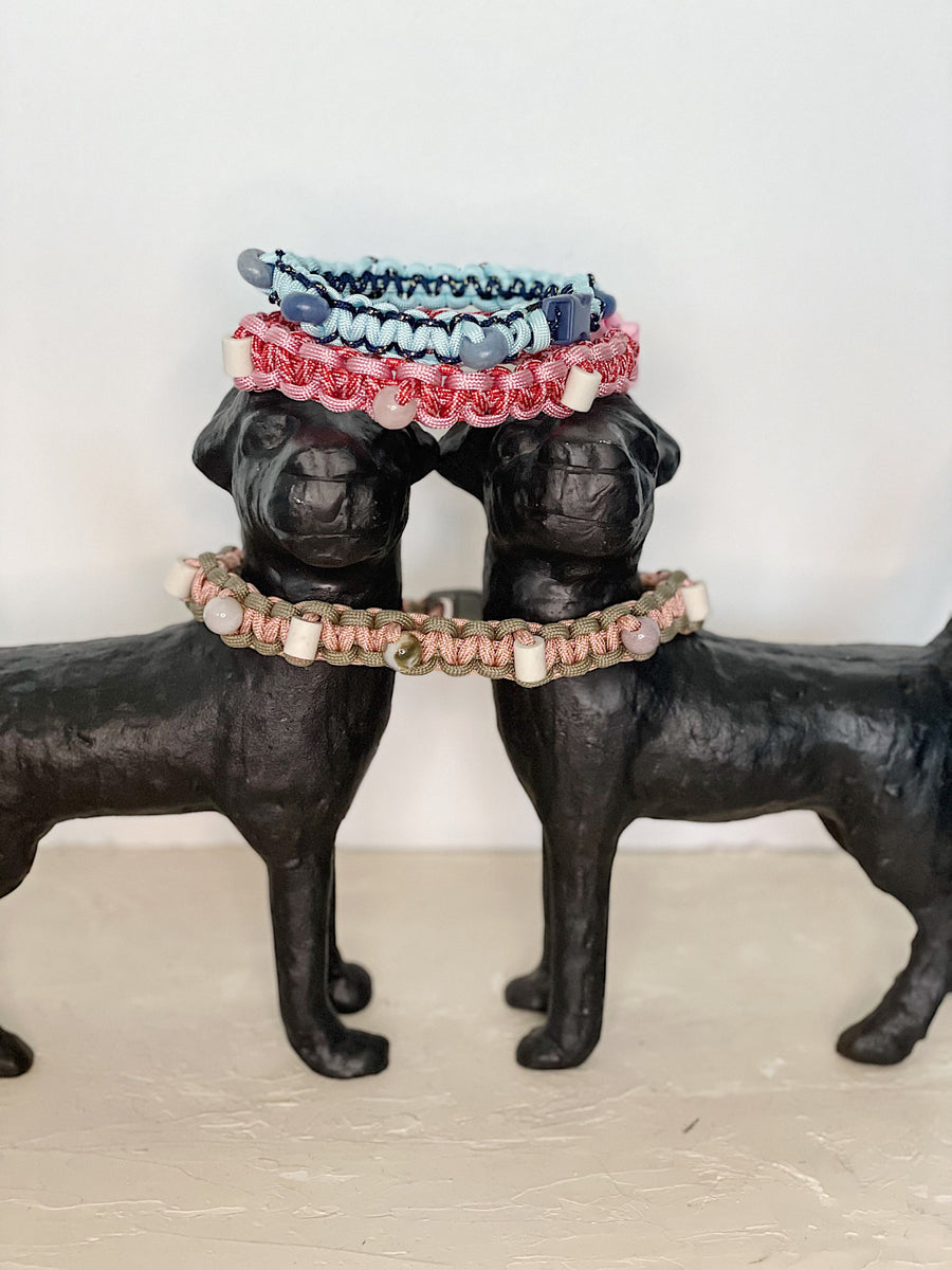 Custom handmade healing dog collar with crystals and EM ceramic beads — natural support for anxiety, allergies, immunity, and flea prevention.
